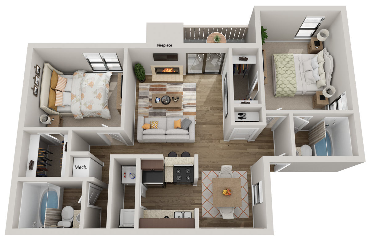 Floor plan for 2 beds, 2 baths, 918 sqft